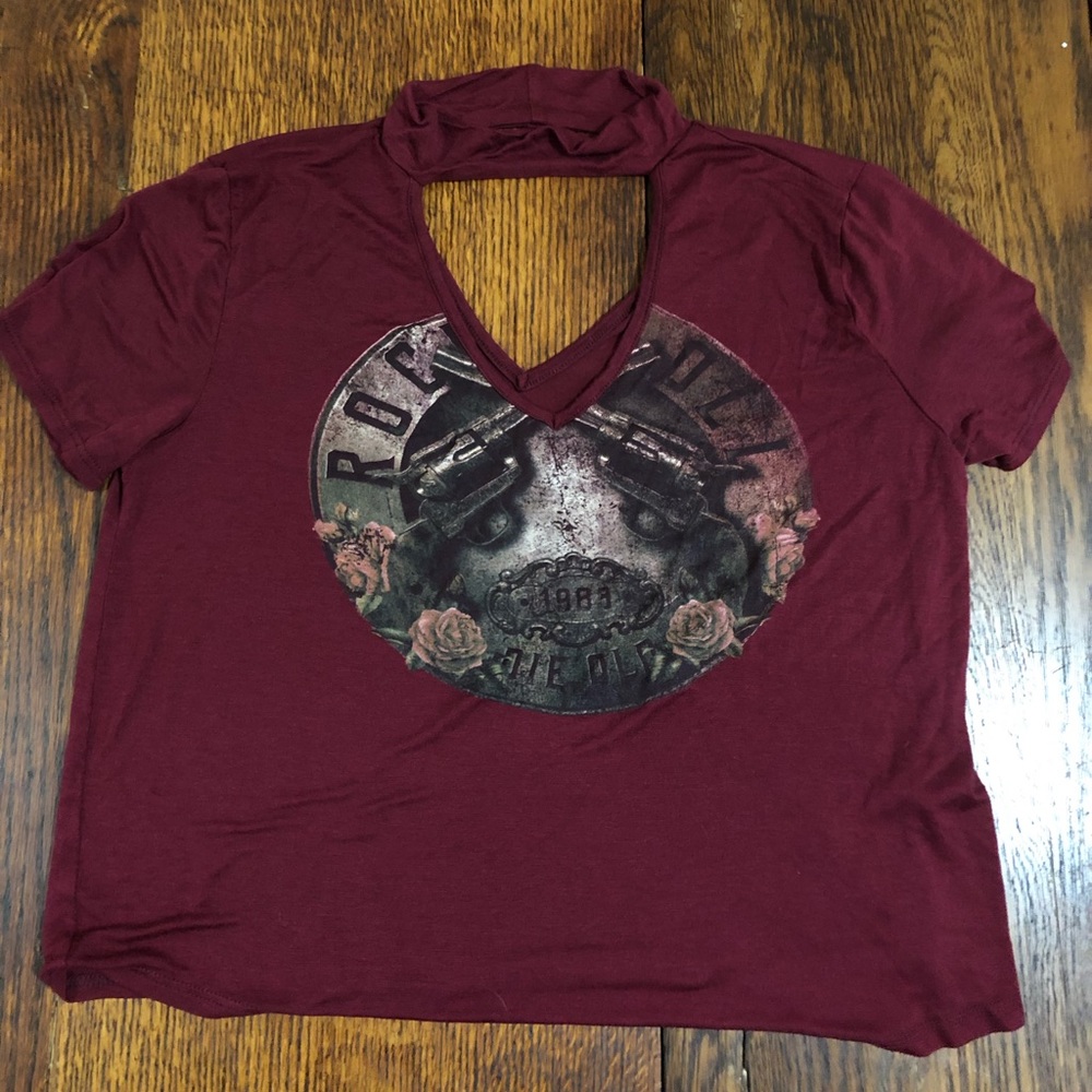 Maroon Rock N Roll top w/ choker keyholes plunge
